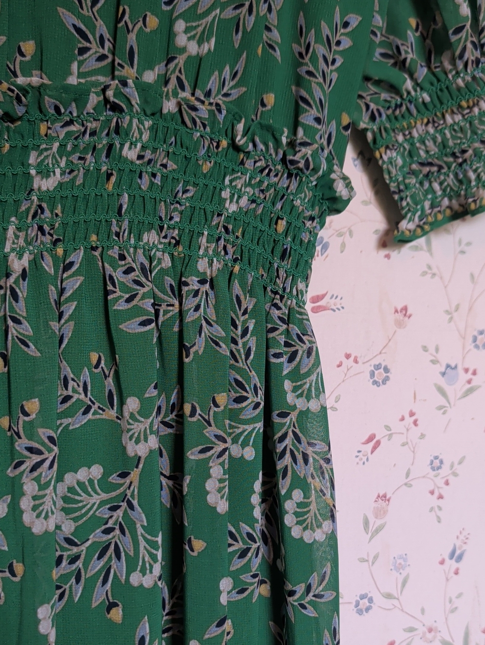 Max Studio Dress S Green Floral Maxi Smocked Tiered Wedding Guest Boho Fairy - Picture 7 of 11